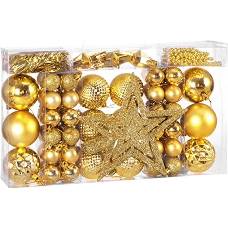 DEUBA® Weihnachstkugeln 66tlg Ø 3-6cm Kunststoff matt glänzend Christbaumkugeln Christbaumschmuck Anhänger Weihnachtsbaumkugeln Weihnachtsdeko Gold - Preisvergleich – Bild 1
