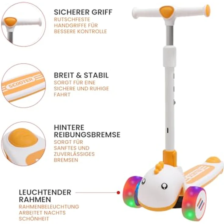 Habib Gruppe Kinderroller Tretroller, 3-Rad LED Roller, höhenverstellbar & faltbar, Tierdesign, orange, für Mädchen & Jungen (3-8 Jahre) – Bild 2