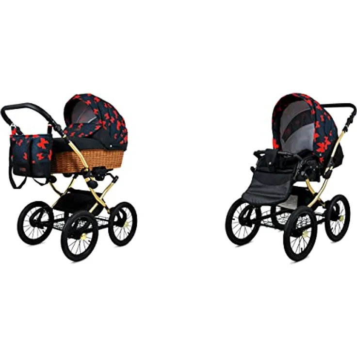 Babylux ALU 2in1 Kinderwagen für Kleinkinder – Neugeborenen Kinderwagen – Max. 15kg – Red Bow Gold Frame, verstellbare Rückenlehne und Fußstütze, lichtechte Stoffe, Fünf-Punkt-Sicherheitsgurte