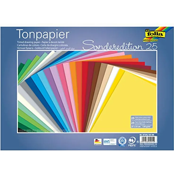 folia 6725/25 99 - Tonpapier Mix, 25 x 35 cm, 130 g/qm, 25 Blatt sortiert in 25 Farben - ideale Grundlage für vielseitige Bastelarbeiten