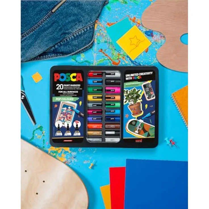 POSCA Uni-Ball 186832 Marker Set, 20 Acrylstifte Pop Colours mit PWE5M Spitze, Wasserfeste Farbmarker im Etui für verschiedene Oberflächen – Bild 5