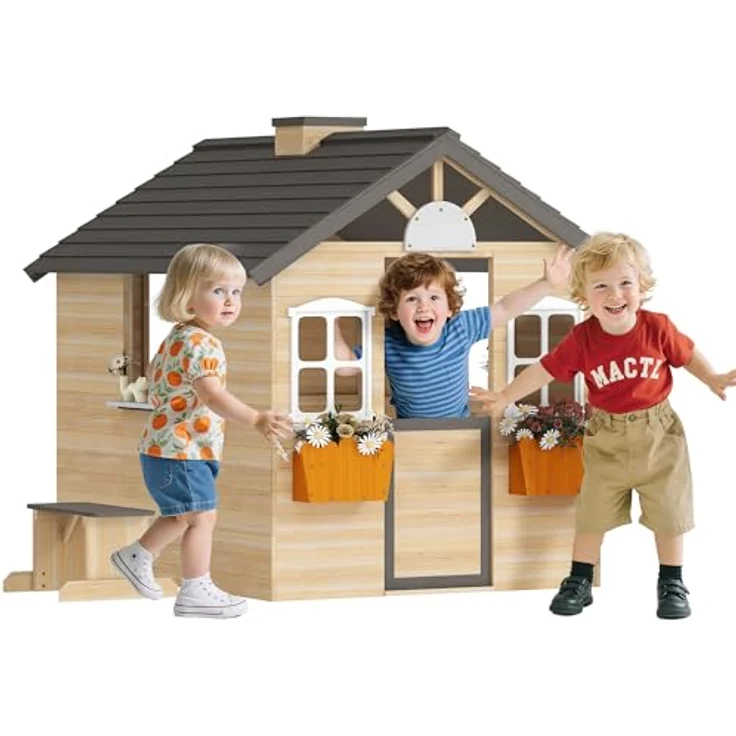 Outsunny Spielhaus aus Holz, Kinderspielhaus mit Tür, Fenster, Briefkasten und Blumentopfrack, für Jungen und Mädchen 3-7 Jahre, Indoor & Outdoor Natur സ്വാഗത – Bild 1