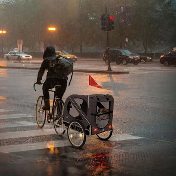 Hauki Fahrradhundeanhänger Fahrradanhänger & Hundebuggy 2in1 klappbar, Hundewagen Grau mit Reflektoren Leine und Flagge bis 40 kg – Bild 9
