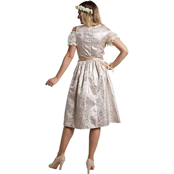 dressforfun Dirndl Frauenkostüm Midi-Dirndl Traunstein Modell 2, elegantes Tailliertes Dirndl mit feiner Schnürung und Strasssteinen, Beige und Silber – Bild 4