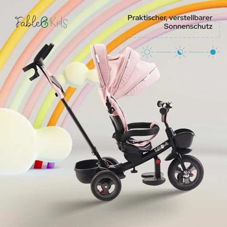 FableKids 5in1 Dreirad Noemi mit Schubstange ab 18 Monate bis 25kg, Vorwärts und Rückwärtsfahrt, PU-Reifen, Freilauf geräumiger, Korb, Tasche, Getränkehalter - Pink – Bild 4