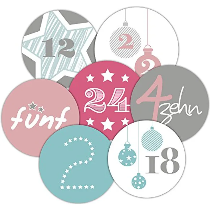 Frau WUNDERVoll 48 Adventskalenderzahlen Aufkleber, Pastell, Durchmesser 4cm, für 2 Kalender