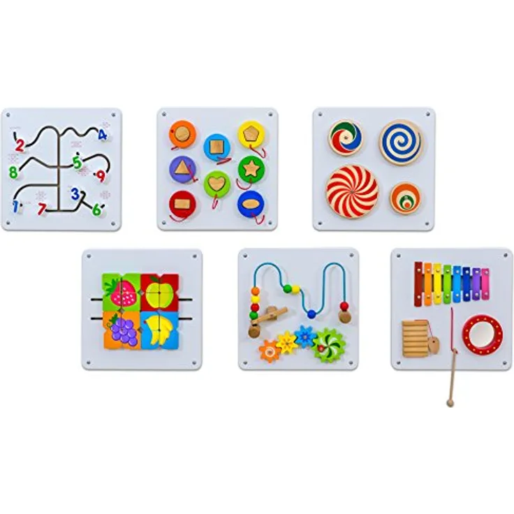 Betzold Motorikbrett Wandelemente Set 1, 6er-Set – Holz-Wandspielset für Kinder, fördert Motorik und Sinneswahrnehmung