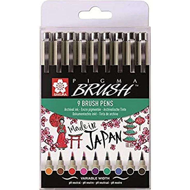 SAKURA POXSDKBR9 Pinselstift PIGMA Brush, 9er Etui, farbig Sortiert, 9 Stück (1er Pack) – Bild 1