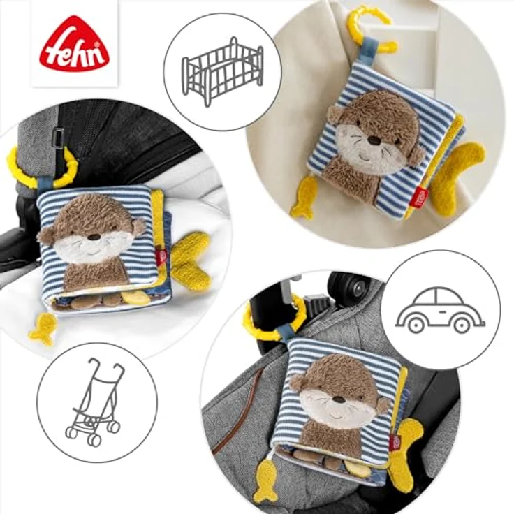 Fehn Greifspielzeug Otter Theo, Fühlbuch mit Quietsche, Spiegel und Greifring für Babys und Kleinkinder ab 0 Monaten – Bild 5