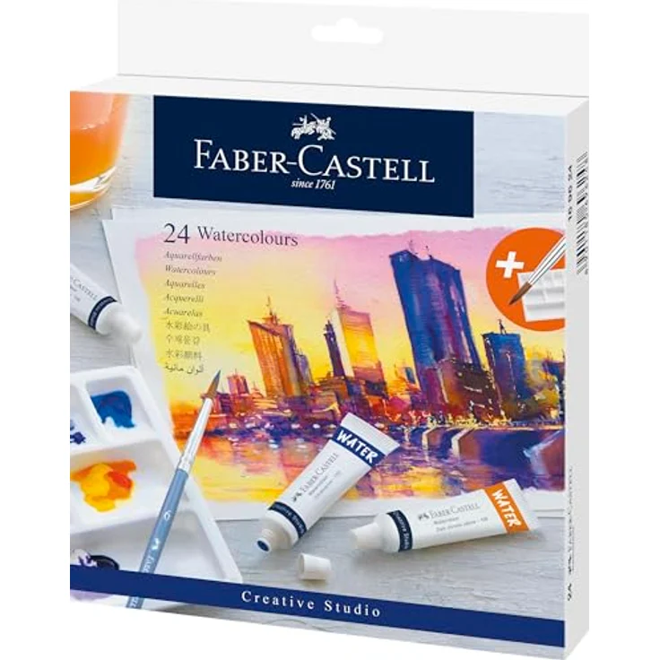 Faber-Castell 169624 Aquarellfarben Creative Studio, 24 Tuben à 9 ml, inkl. Mischpalette und Aquarellpinsel Größe 6, brillante und transparente Farben – Bild 1