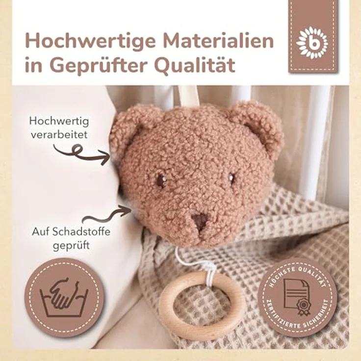 Bieco Musikspieluhr Bär Mika, ca. 30 cm, Bouclé Teddy mit Brahms Wiegenlied, Einschlafhilfe für Babys – Bild 5