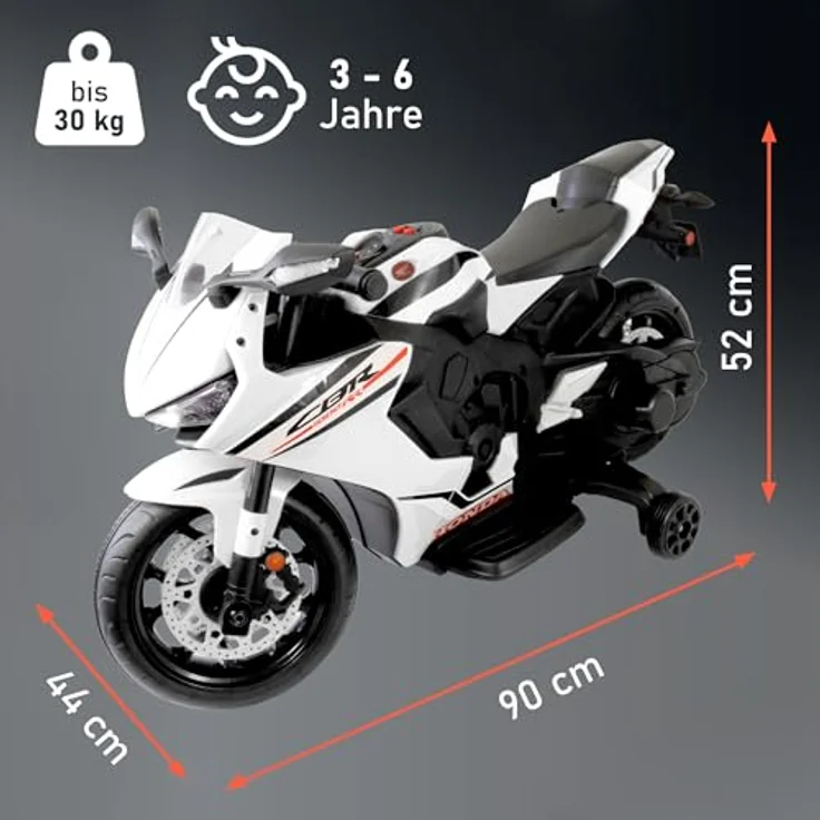 Lemodo Elektro-Kindermotorrad Honda Elektrofahrzeug für Kinder ab 3 Jahren, weiß/schwarz, LED-Leuchten, 6 V 4,5 AH Batterie, 3-4 km/h, ca. 90 x 44 x 52 cm – Bild 3