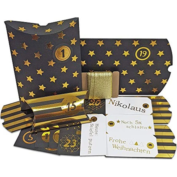 Frau WunderVoll® DIY Adventskalender zum Befüllen HoHoHo Metallic, matt schwarz, Gold/Weihnachtskalender Bastelset - Stabile Schachteln, 24 Adventskalenderzahlen, 4 Weihnachtsanhaenger, 18m Schleifenband – Bild 2