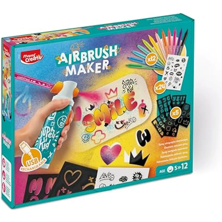 Maped CREATIV AIRBRUSH MAKER 907080, Graffiti Set für Kinder ab 5 Jahren mit wiederaufladbarem Airbrush, 12 Filzstiften JUNGLE, 5 Schablonen, Stickern & A5 Papier – Bild 3