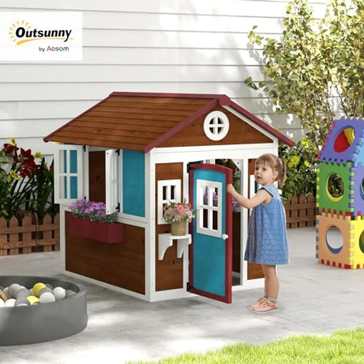 Outsunny Kinderspielhaus aus Holz, Outdoor Spielhaus mit Fenster, Blumenregal und Pflanzenkasten, für Kinder 3-8 Jahre, dunkelbraun – Bild 2