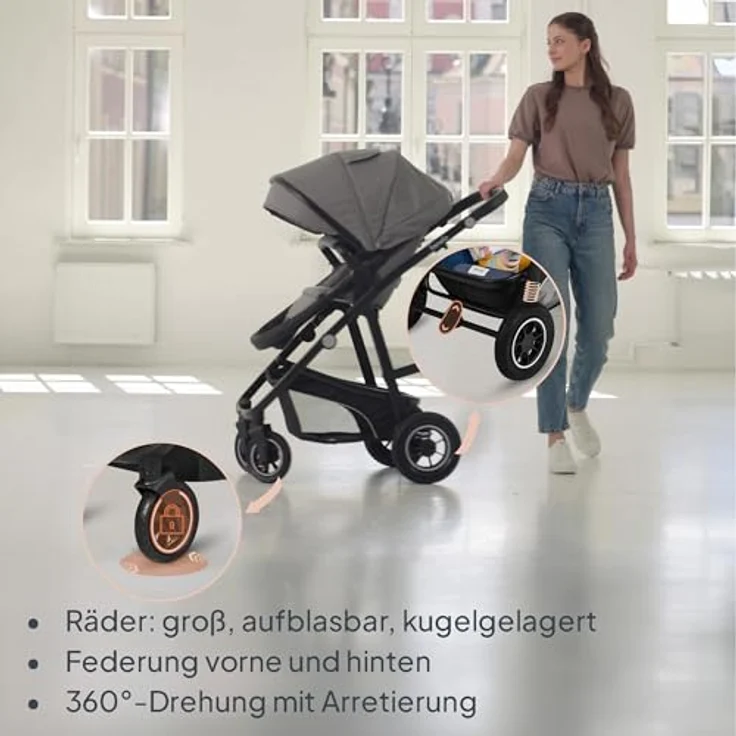 Lionelo Bianka 3-in-1 Kinderwagen, Beige Sand mit ADAC-zertifiziertem Kindersitz und doppelter Stoßdämpfung – Bild 4