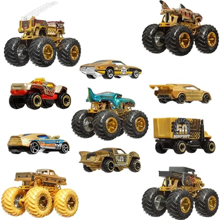 Hot Wheels Monster Trucks Trophy Champions Collection, Spielzeugautos mit Die-Cast-Bigfoot in goldfarben, 5-Alarm, Bone Shaker, Mega-Wrex und Tiger Shark, 11-teiliges Set, JDW07 – Bild 5