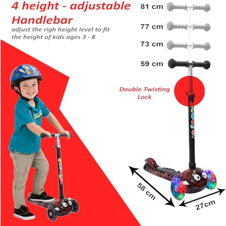 Habib Gruppe Kinderroller 3-Räder, Kinderscooter für Jungen & Mädchen 3-8 Jahre mit LED-Rädern, Höhenverstellung, rutschfest, max. 50 KG – Bild 3