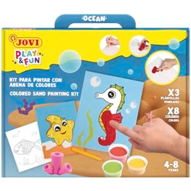 Jovi Play&Fun Sandmalerei Set, 8 Farbsanddosen und 3 Schablonen Meerestiere, ungiftig, für Kinder ab 4 Jahren