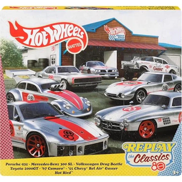 Hot Wheels Silber-Serie, 80. Jubiläum Spielzeug-Auto Set (7-tlg), Maßstab 1:64, ZAMAC-Lackierung mit roten Details