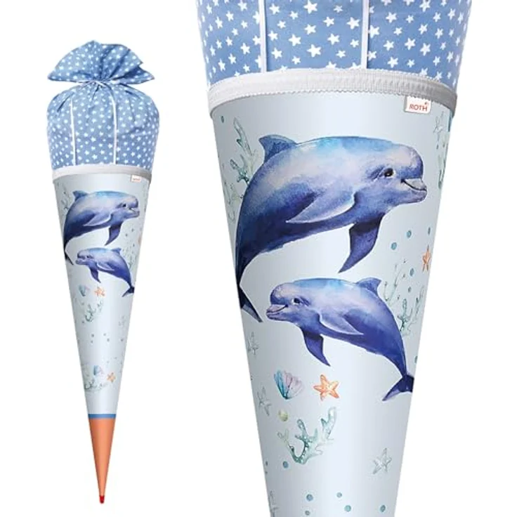 ROTH Schultüte Lieblingsstück Delfin Duo, 70 cm große Stoffschultüte mit Spitze, stabiler Pappe-Körper und Stoffverschluss – Bild 3