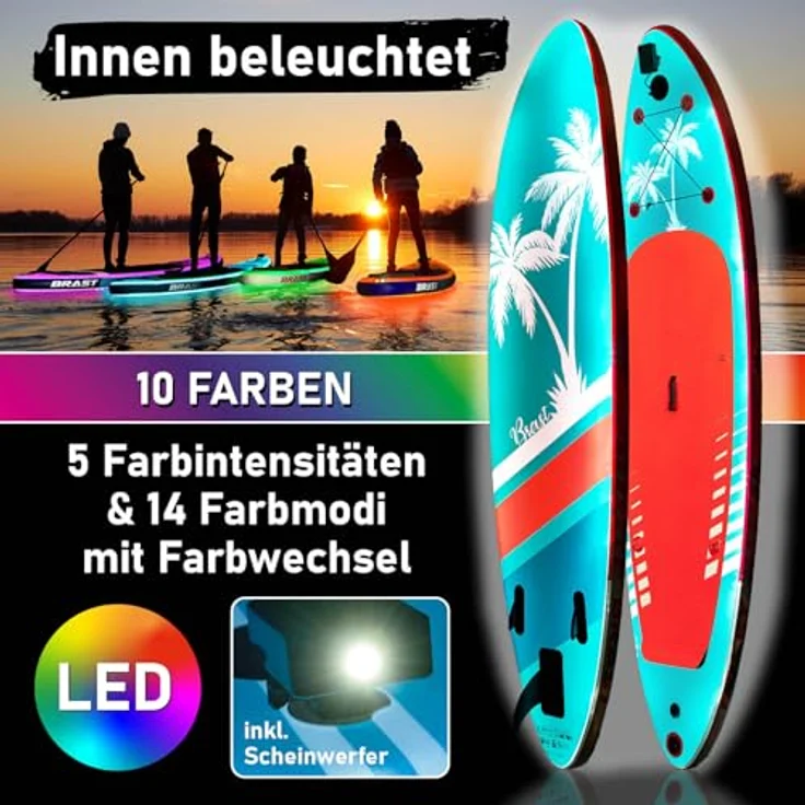 BRAST® SUP Board mit LEDs, Aufblasbares Stand up Paddling Set, 320x81x15cm, 10 Farben LED-Beleuchtung, 5 Jahre Garantie, 2in1 Paddel, Kajak-Sitz und Action-Cam-Halterung – Bild 2