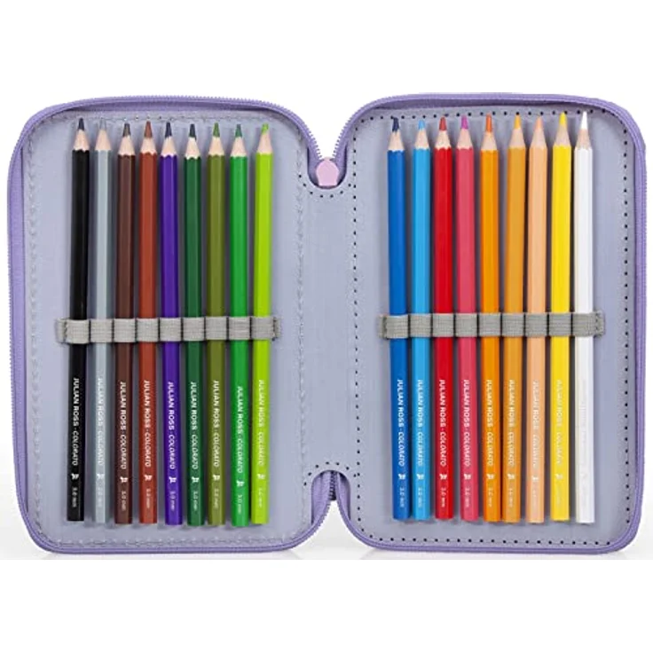 Julian Ross 3-Fach Federmäppchen für Mädchen, 44-teilig mit Schere, Lineal und Buntstiften, Rosa & Lila – Ideal für Schule und Geschenke – Bild 4