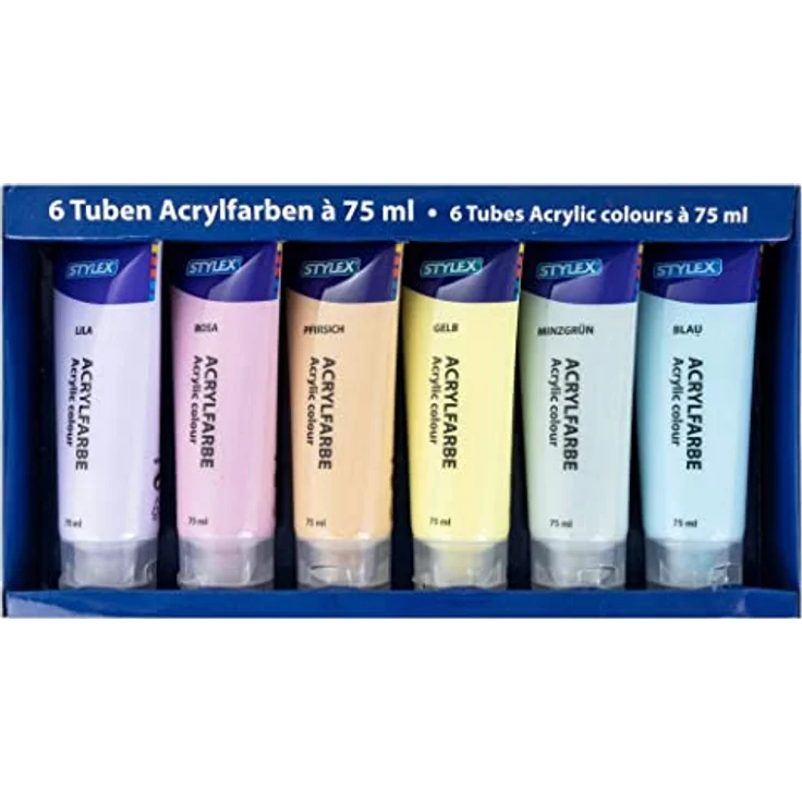 Stylex 28629 Pastell Acrylfarben Set, 6 Tuben á 75 ml, matt, lichtbeständig, schnelltrocknend, wasserfest, hohe Deck- und Farbkraft – Bild 1