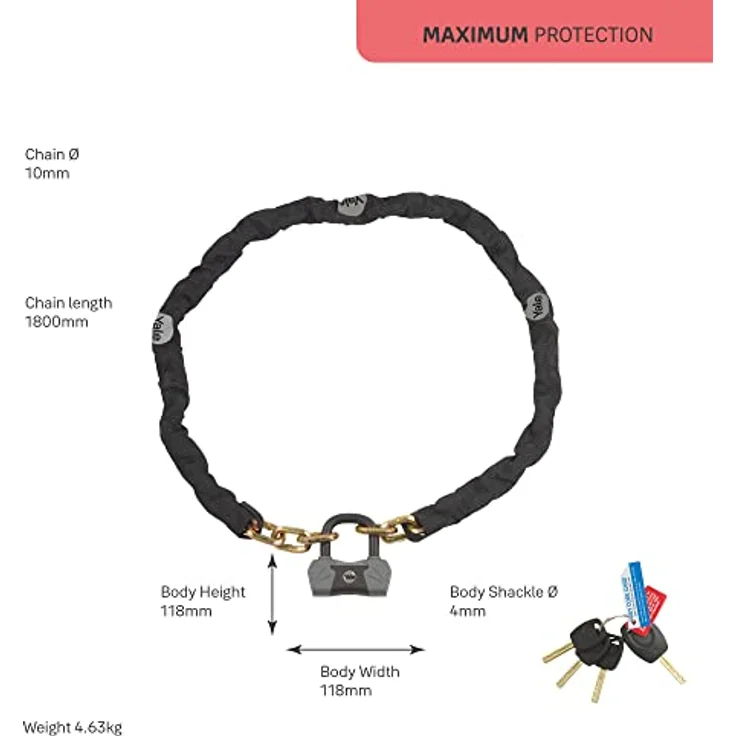Yale Max Security Sicherheitskette & Schloß 1800 mm - YCL3/10/180/1 - mit Titanium verstärkt - 4 Schlüssel (1x mit Licht) - Max. Pick-, Zieh-, Schlag- und Bohrwiderstand - Div. Verriegelungsopt. – Bild 3