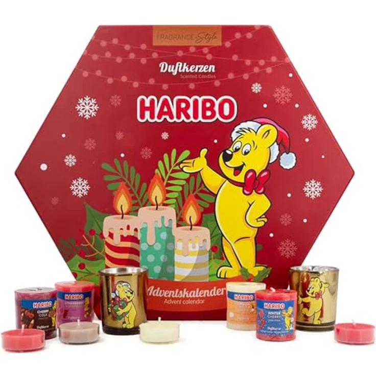 HARIBO™ Adventskalender Duftkerzen, 24-teilig mit 10 Votivkerzen und 12 Teelichtern, bunt, Duroplast & Glas, Paraffinwachs, langanhaltender Duft – Bild 1