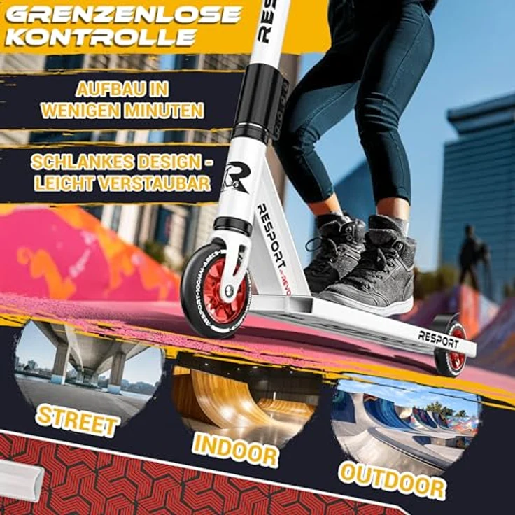 RE:SPORT REVO Stunt Scooter, Profi Kickscooter mit ABEC 9 Kugellagern, 100mm PU Rädern, ergonomischen Griffen und Ständer, für Kinder & Erwachsene – Bild 4