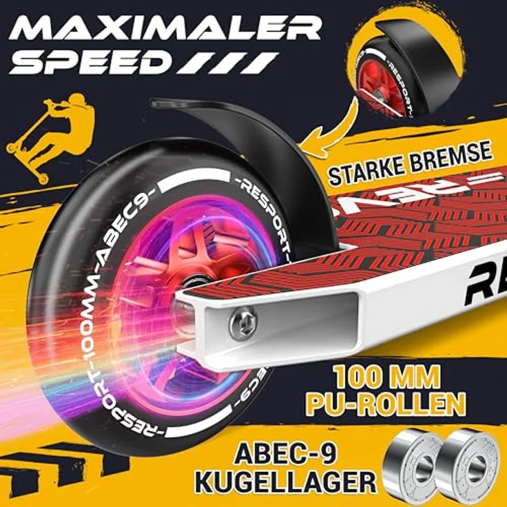 RE:SPORT REVO Stunt Scooter, Profi Kickscooter mit ABEC 9 Kugellagern, 100mm PU Rädern, ergonomischen Griffen und Ständer, für Kinder & Erwachsene – Bild 5