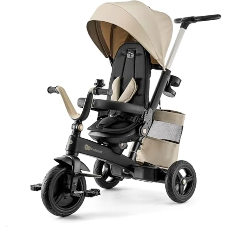 Kinderkraft Dreirad EASYTWIST, Kinderdreirad mit 360° drehbarem Sitz, verstellbarem Teleskopgriff, Sitz für Nickerchen, wetterfestem Dach und Sicherheitsgurten, beige – Bild 1