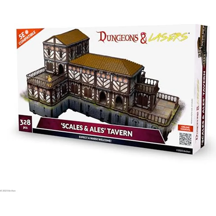 Archon Studio Dungeons & Lasers - Scales & Ales Tavern, Modularer Spieltisch mit 256 Stiften und 144 Clips, rustikales Design mit Keller und Balkonen