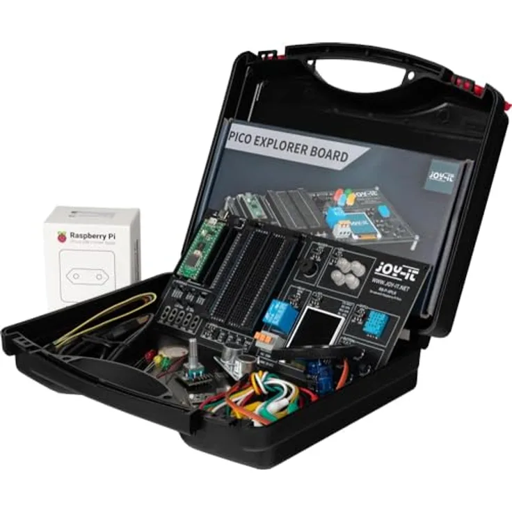 JOY-IT RB-P-XPLR-Set, modularer Aufbewahrungskoffer mit LED´s, Netzteil und Sensoren, Experimentierboard mit 8 Projekten
