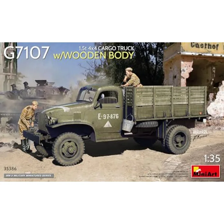Mini art G7107 Cargo Truck 1,5t 4x4, Maßstab 1:35 mit Holzaufbau und zwei Soldatenfiguren