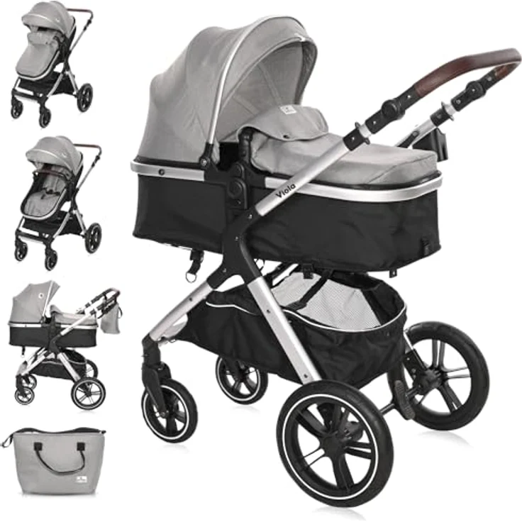 Lorelli Kinderwagen Viola 2 in 1, Kombikinderwagen bis 22 kg inkl. Babywanne und Sportsitz, grau, großartige Gummireifen und Federung – Bild 1