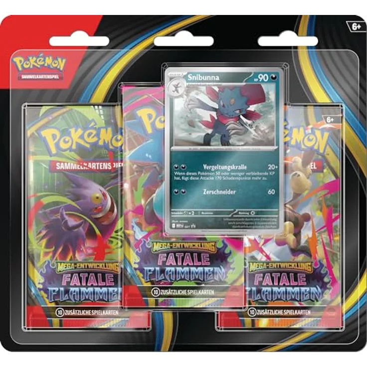 Pokémon Pokémon-Sammelkartenspiel: 3er-Pack Mega-Entwicklung – Fatale Flammen, inkl. 1 holografische Promokarte Snibunna & 3 Boosterpacks