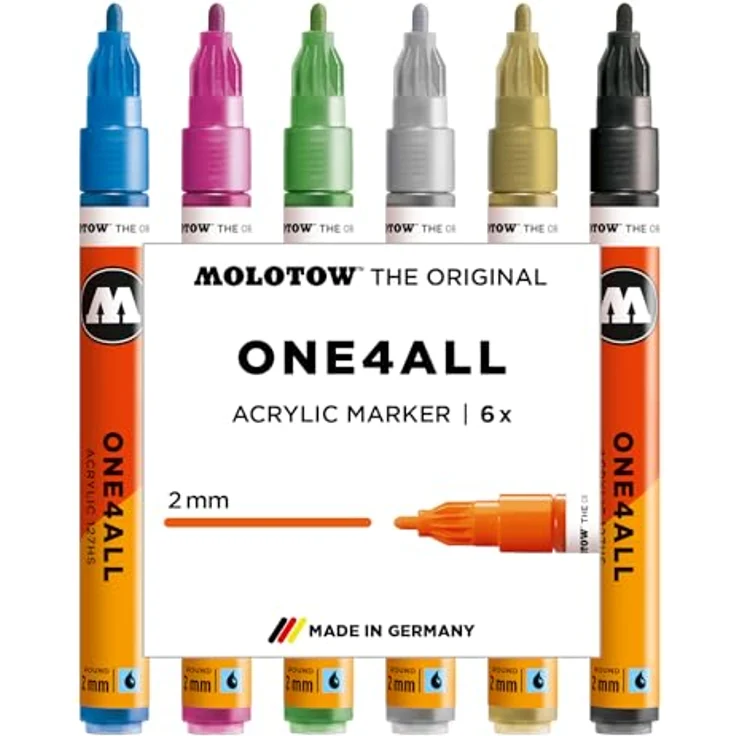 Molotow One4All 127HS Acryl Marker Metallic Set (2,0 mm Strichstärke, hochdeckend und permanent, schnell trocknend, nachfüllbar, für fast alle Untergründe) 6 Stück sortiert in Metallicfarben – Bild 1