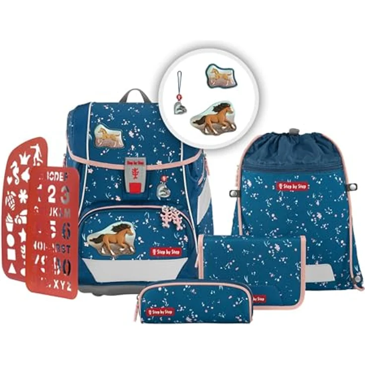 Step by Step Schulranzen-Set 2IN1 Plus „Wild Horse Ronja“ 6-teilig, ergonomischer Tornister, höhenverstellbar mit Hüftgurt, 19L, blau – Bild 1