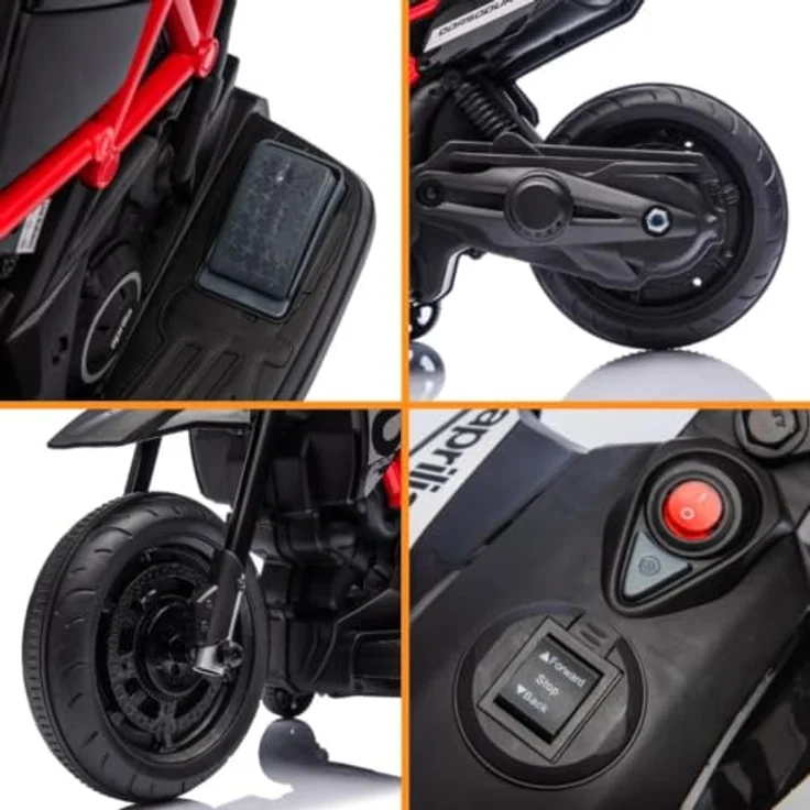 Vrooomy Kindermotorrad Aprilia Dorsoduro 900, 6V mit Scheinwerfer und abnehmbaren Stützrädern, rot, für 1-3 Jahre – Bild 2