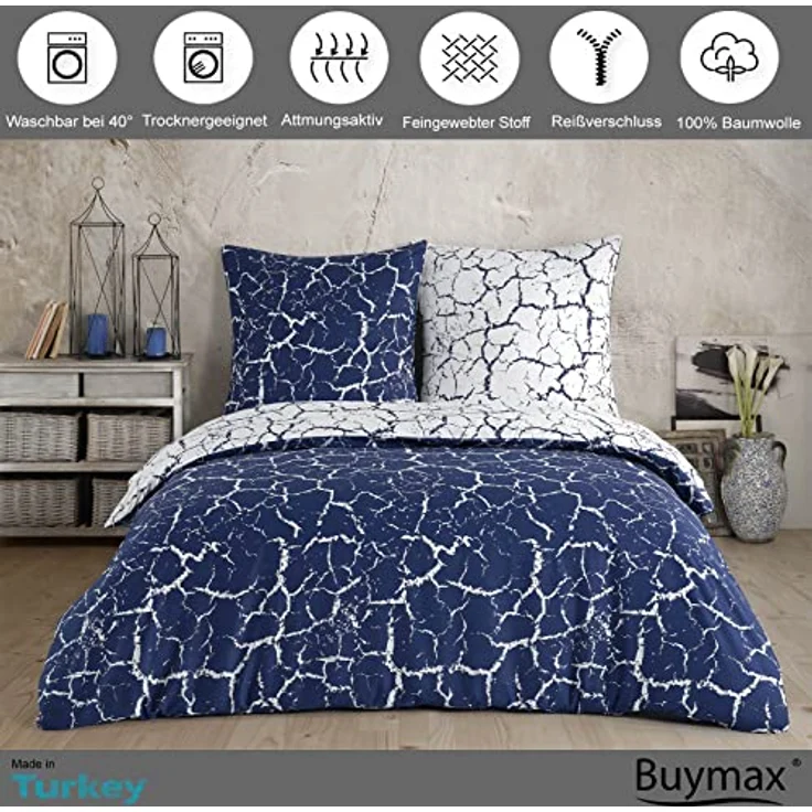 Buymax® Bettwäsche 155x220 cm, 4-teiliges Set aus 100% Baumwolle mit 2 Kissenbezügen 80x80 cm, ÖKO-TEX zertifiziert, Renforcé mit Reißverschluss, moderne Muster und pflegeleicht – Bild 2