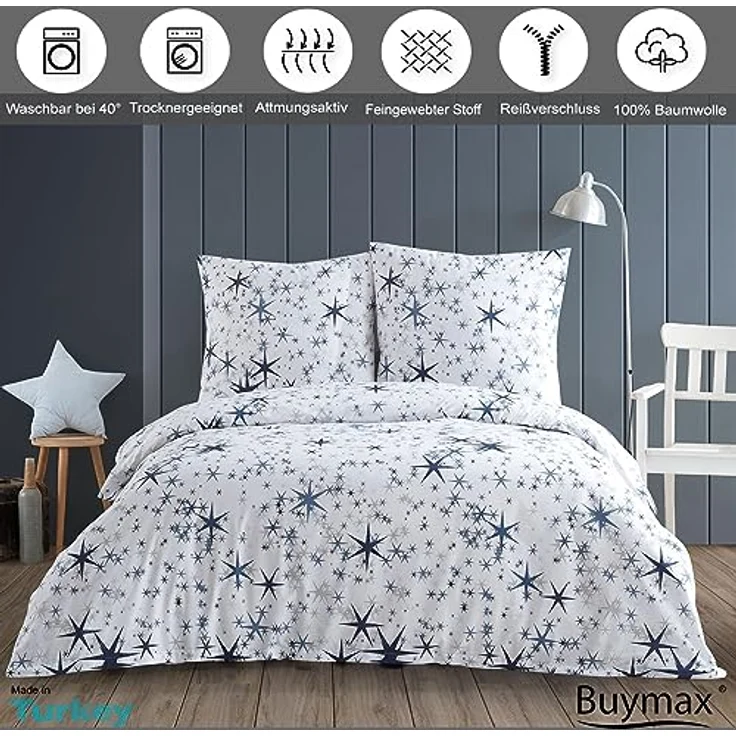 Buymax® Bettwäsche Set 155x220 cm, 100% Baumwolle Renforce, 4-teilig mit 2 Kissenbezügen 80x80 cm, ÖKO-TEX zertifiziert, Reißverschluss, pflegeleicht – Bild 2