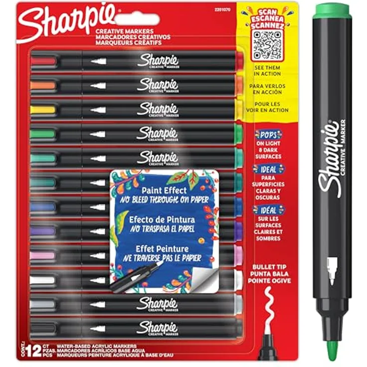 SHARPIE Creative Marker Acryl-Farbstifte | Wasserbasierte Farbmarker mit Rundspitze | Tinte durchdringt Papier nicht und schreibt auf den meisten Oberflächen | 12 Stück