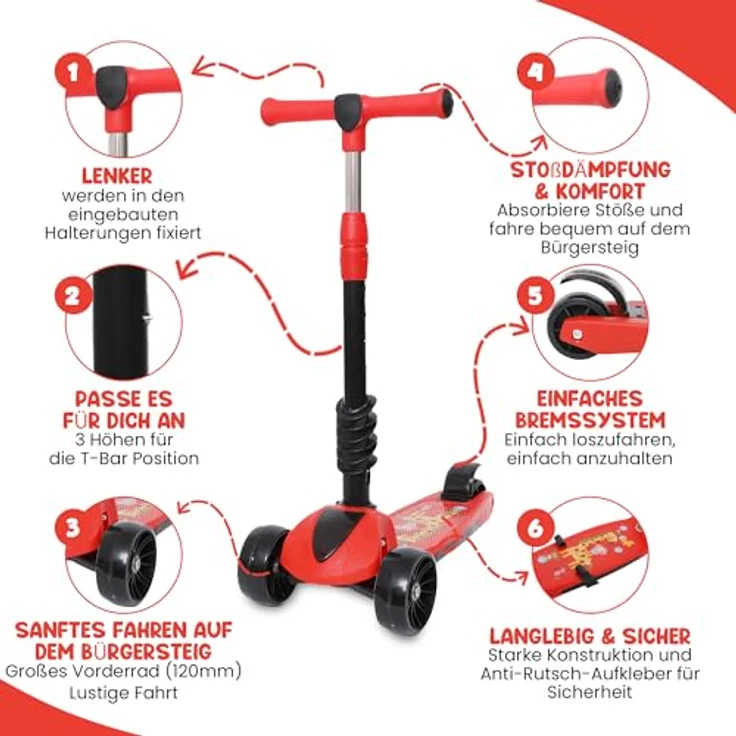 Habib Gruppe 3-in-1 Kinderroller mit Sitz, höhenverstellbar, faltbar, LED Räder, geeignet für Kinder ab 3 Jahren (bis 50kg), Rot – Bild 2