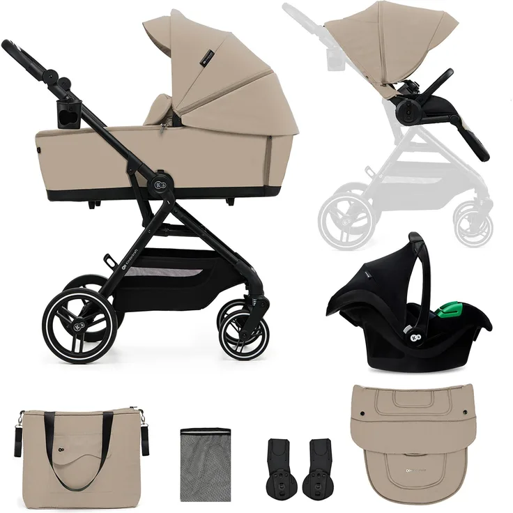 Kinderkraft Yoxi 3in1 Kombikinderwagen, mit Babywanne & i-Size Autositz, drehbar, kompakt faltbar, pannensicher, Beige