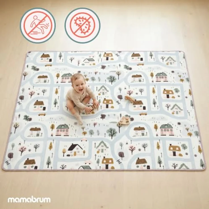 mamabrum XPE Spielmatte für Babys und Kinder, 180 x 150 cm, Doppelseitig, 1,5 cm Polsterung mit Stadtmotiv und sandbeiger Seite – Bild 5