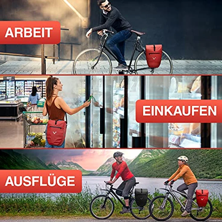 Valkental - Große & wasserdichte Gepäckträgertasche - 28L Füllvolumen - Fahrradtasche für Gepäckträger mit Reflektoren in Rot – Bild 3