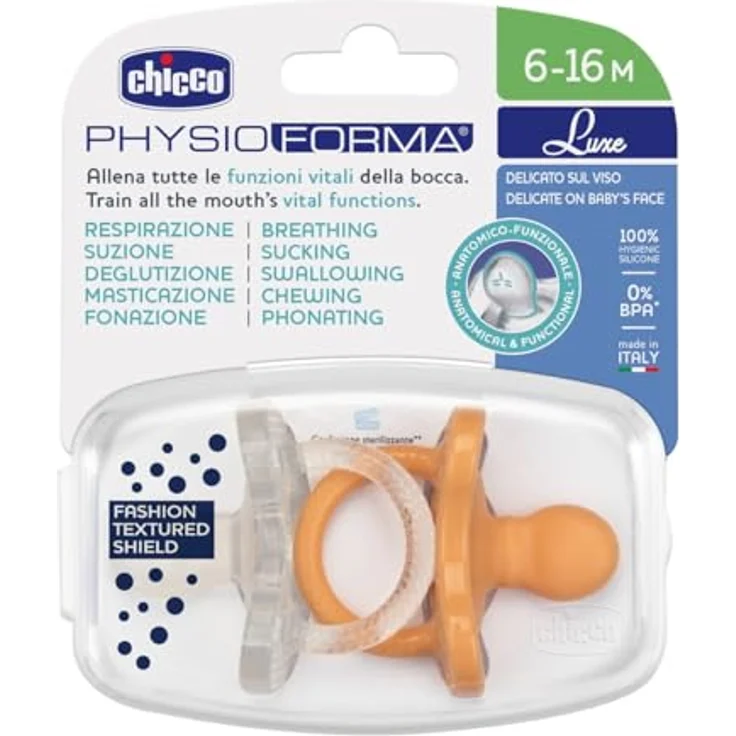 Chicco PhysioForma Luxe Silikon Schnuller, 6-16M, Grau-Orange, unterstützt die physiologische Atmung, fördert die Mundentwicklung, 2 Stück – Bild 4