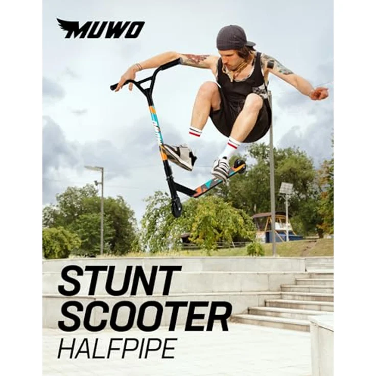 MUWO Halfpipe Stunt Scooter - Robuster Tretroller für Action und Tricks - Grau – Bild 2